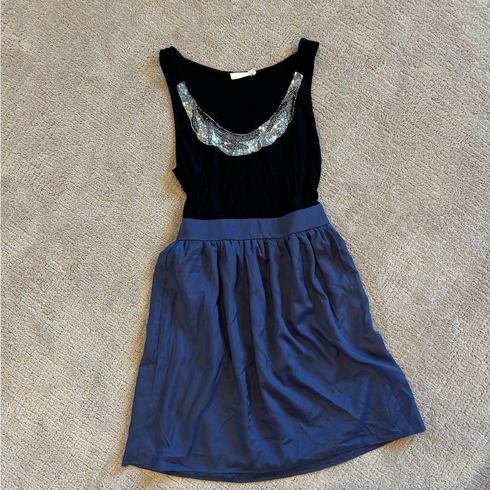 Lush Black and Blue Mini Dress with Silver Accents in a Sequin Neckline
